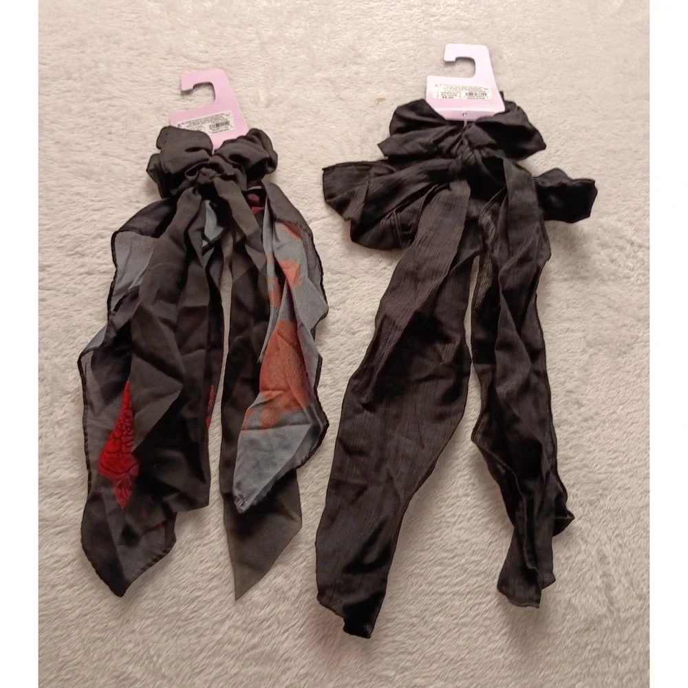 Wild Fable Twister With Tails Hair Scrunchie Set Black Floral Rose 2 Pack NWT